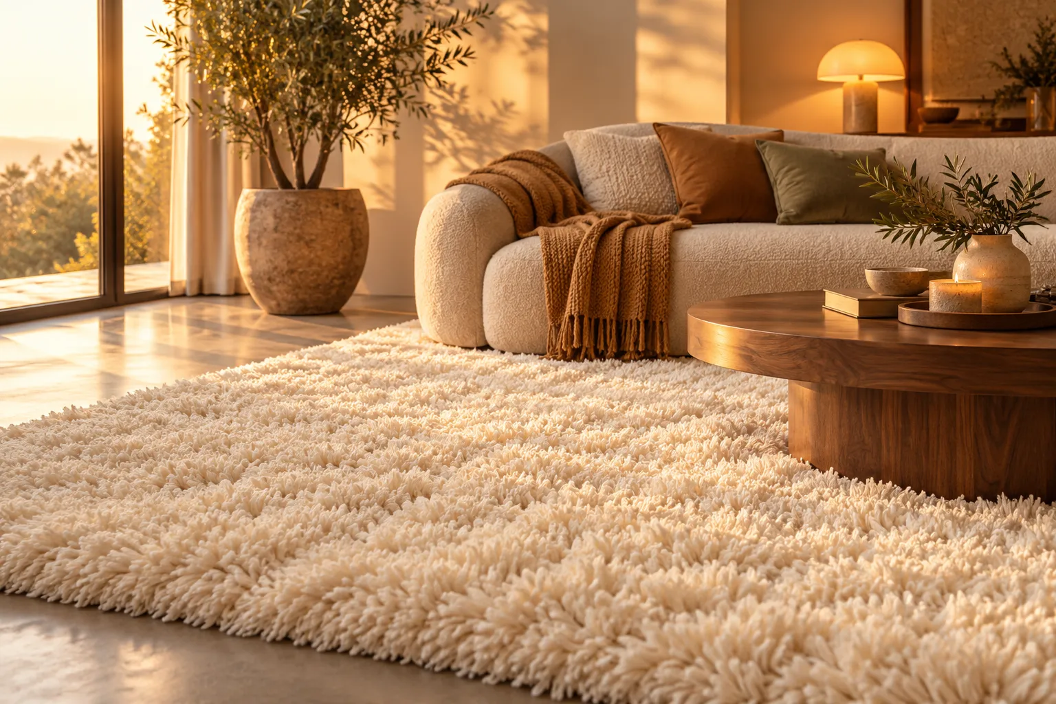 Tapis shaggy crème à poils longs dans un salon chaleureux